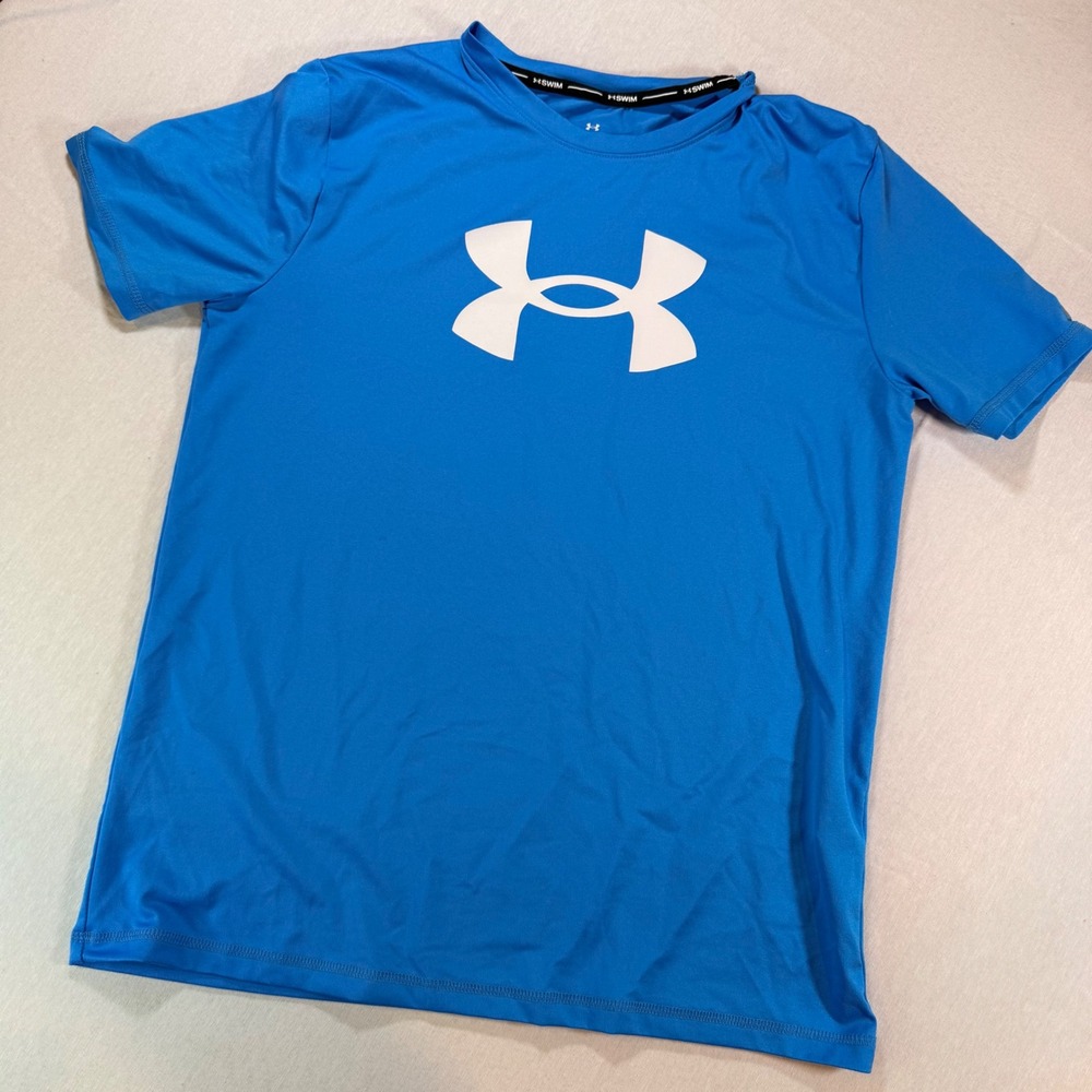 Under Armour Swim Rash Guard Boys L Blue Logo Short Sleeve Beach Vacation Surf
